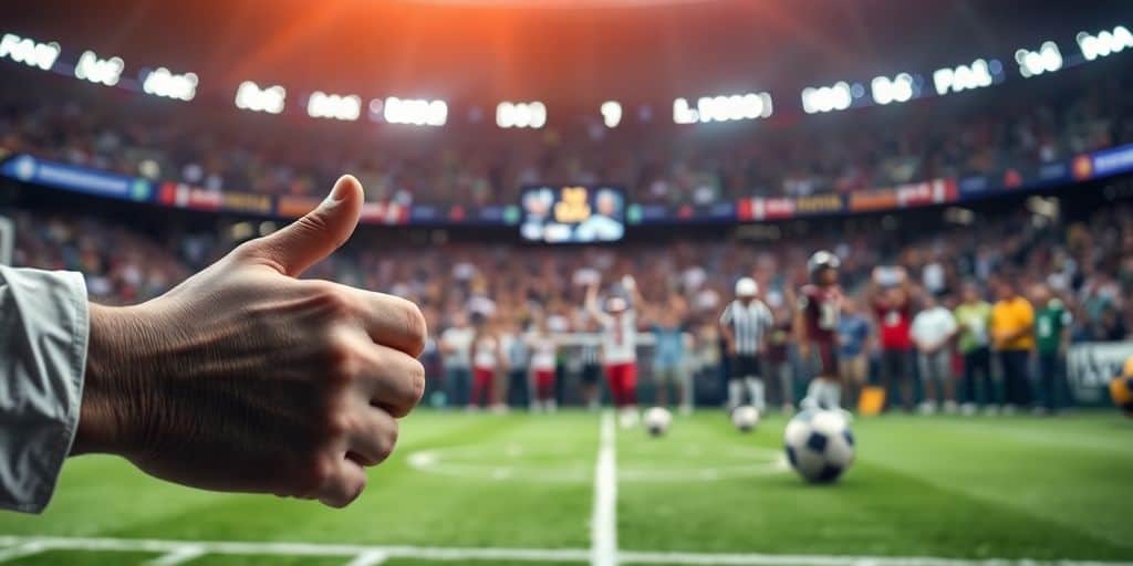 Close-up of hands placing sports bets with stadium background.