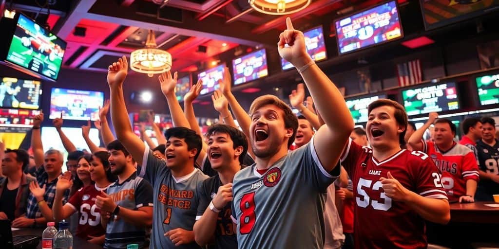 Excited fans in a sports bar during a game.