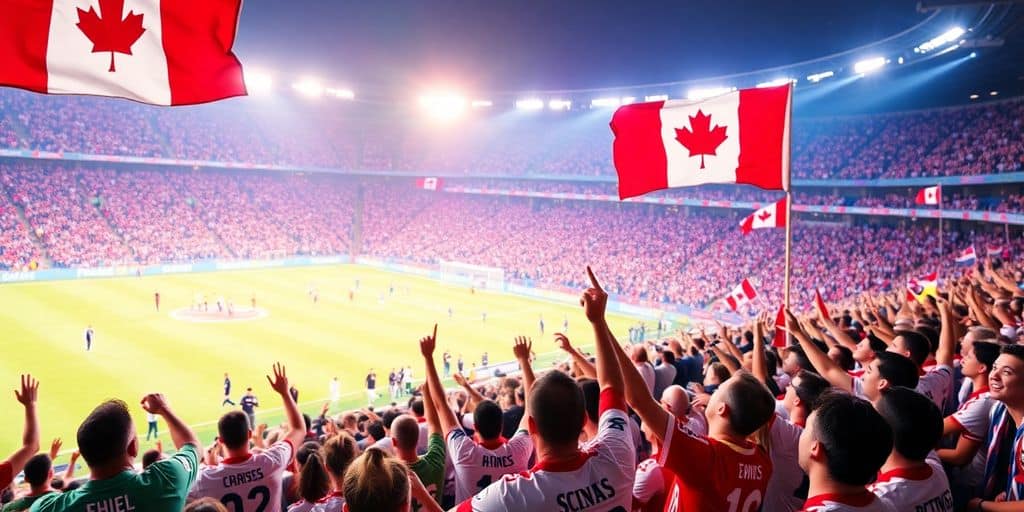 Excited soccer fans in a stadium during a match.