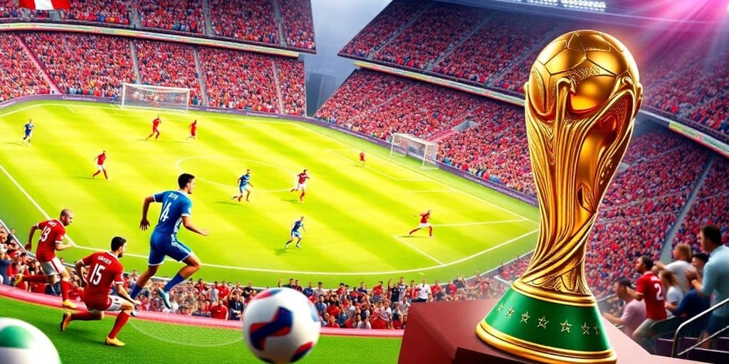 Soccer players in action with World Cup trophy visible.