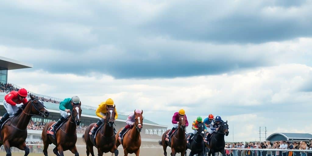 Horses racing with jockeys during a lively horse race.