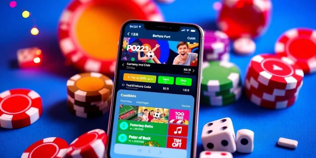Smartphone with betting app and casino elements around it.
