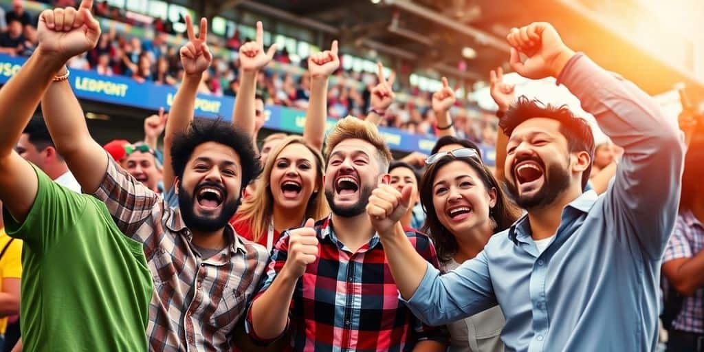 Group of happy bettors celebrating a sports win.