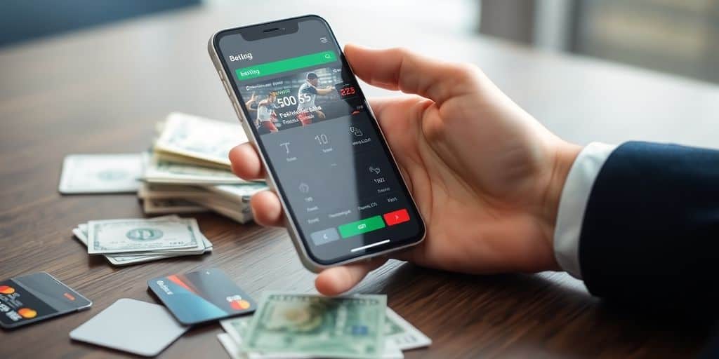 Smartphone with betting app and payment method options.