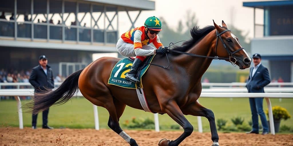 Jockey racing a horse with trainer observing nearby.