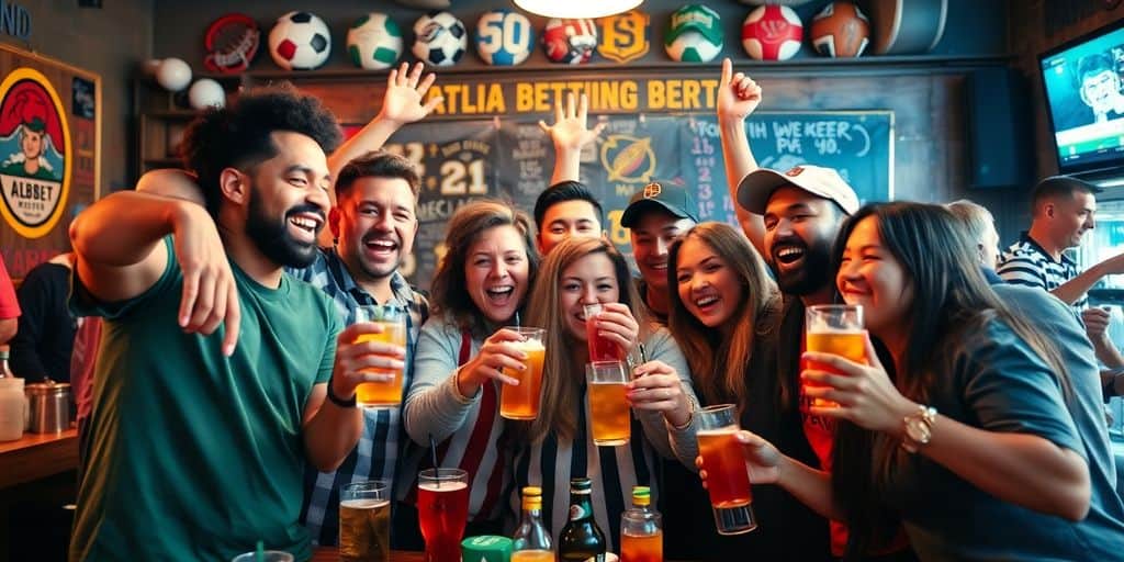 Group of fans celebrating a winning sports bet.