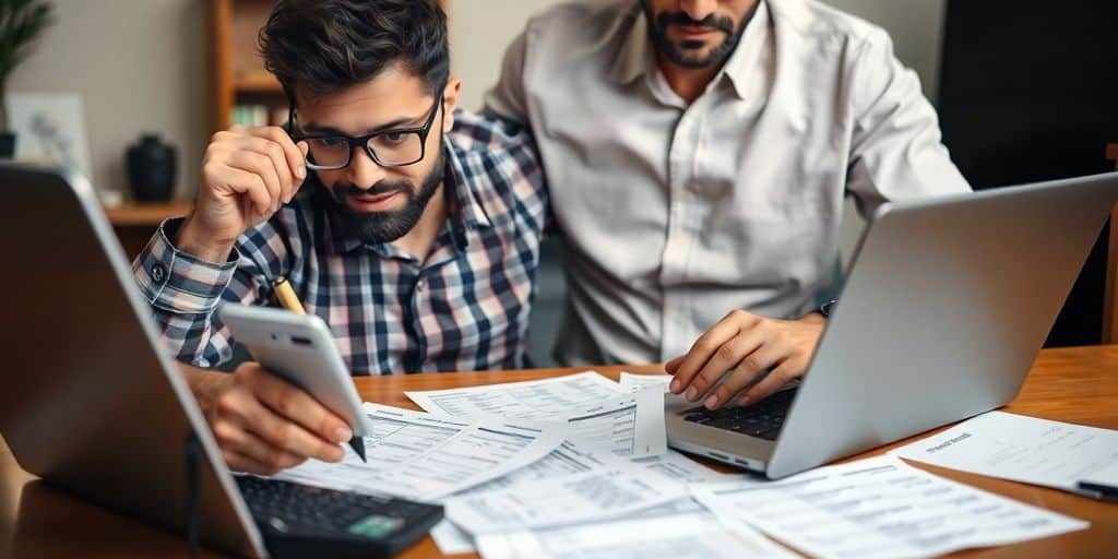 Bettor analyzing sports data with betting materials around.