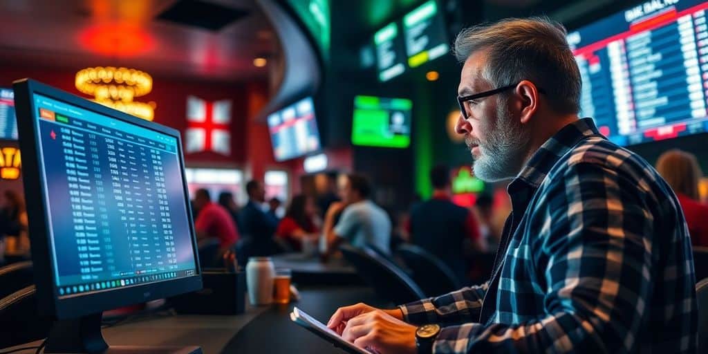 A sports bettor focused on game stats in a bar.