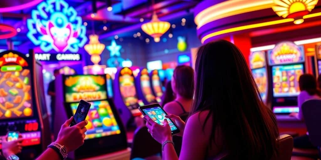 Players immersed in thrilling online casino games on devices.