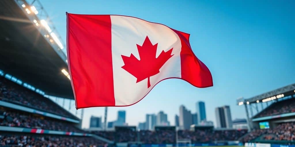 Close-up of Canadian flag waving over a stadium.