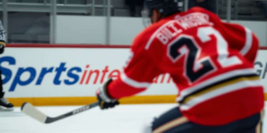 Hockey players in action, Sports Interaction logo.