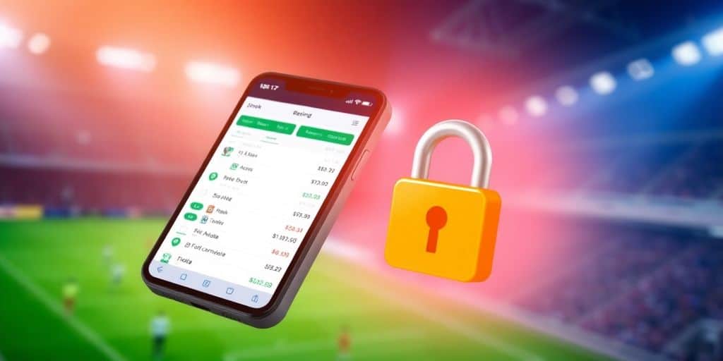 Smartphone with betting app and security lock icon.