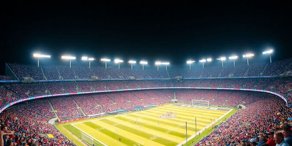 Brightly lit sports stadium full of cheering fans.