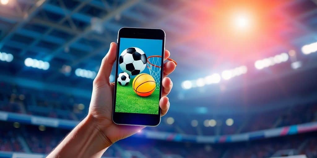 Close-up of a hand holding a smartphone with sports imagery.