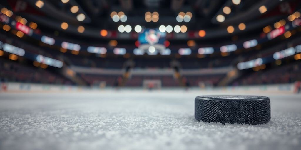 Hockey puck on ice with arena lights.
