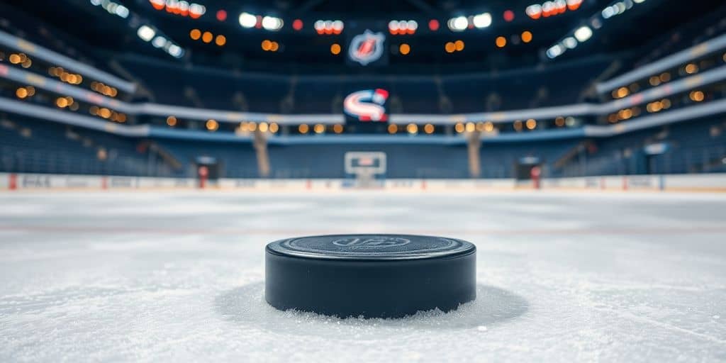 Hockey puck on ice with arena lights.