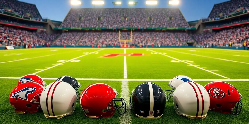 A football stadium with nine helmets on the field.
