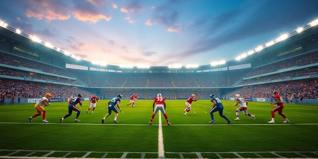 Football players on field with stadium lights.