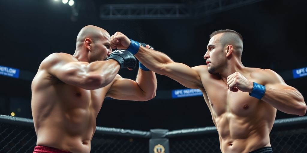 UFC octagon with two fighters in action.