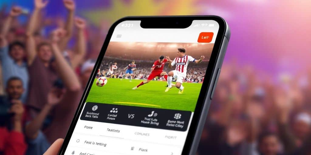 Mobile betting app with sports action in background.