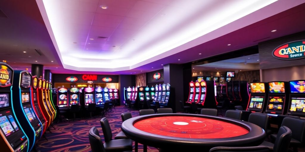 Colorful casino elements, vibrant, inviting, modern, gaming.