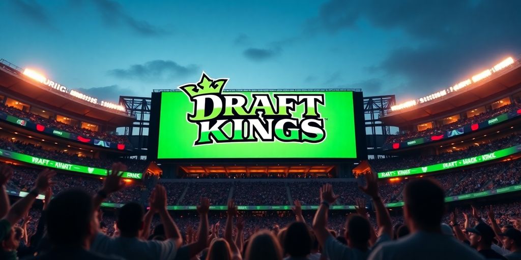 Ontario sports betting scene with DraftKings logo.
