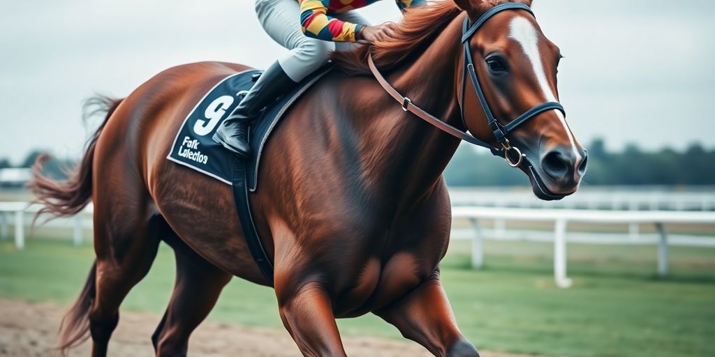 Jockey on racehorse, blurred track background.