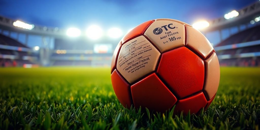Soccer ball on green field, stadium in background.