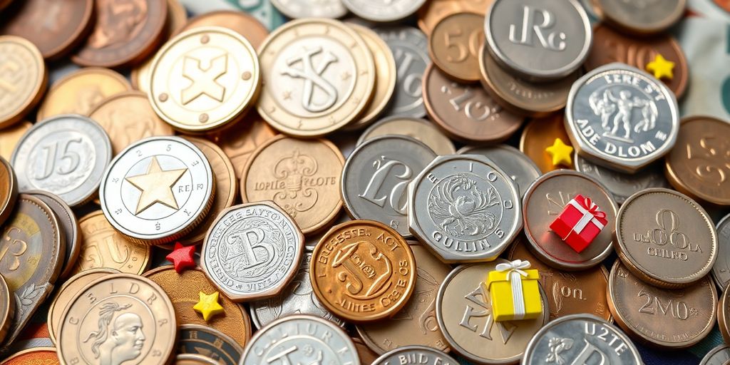 Coins and money with bonus offer icons.