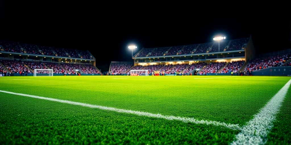 Football field with stadium lights.