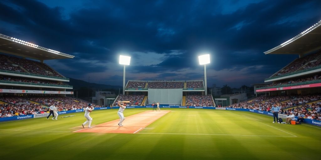 Cricket pitch, live match, strategic betting.