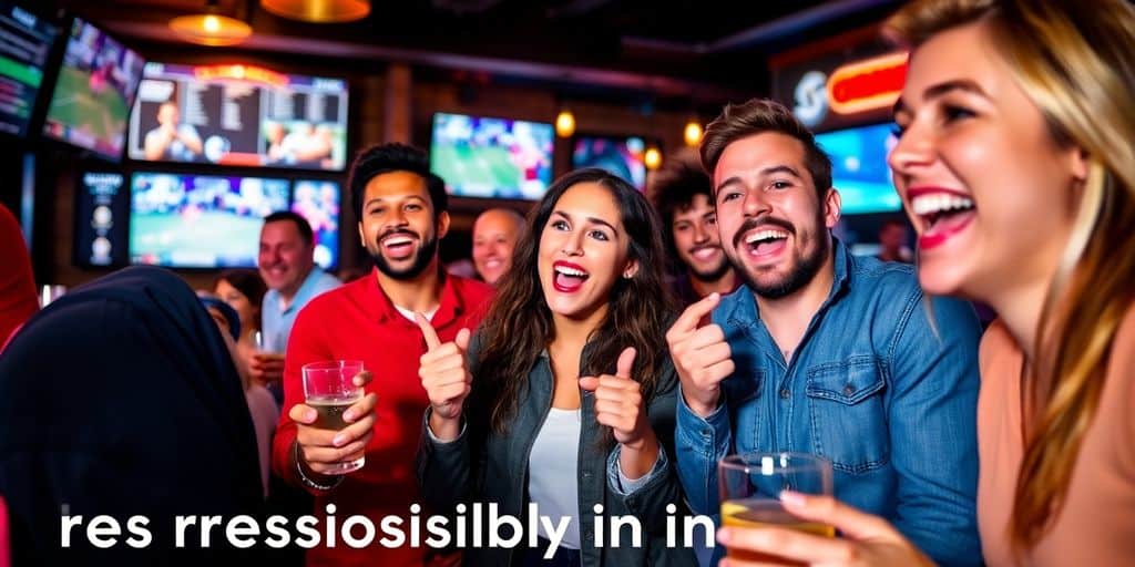 Diverse group enjoying sports betting in a lively bar.