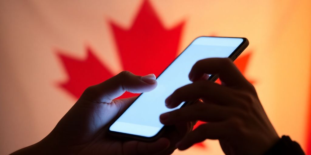 Person holding phone, Canadian flag in background.