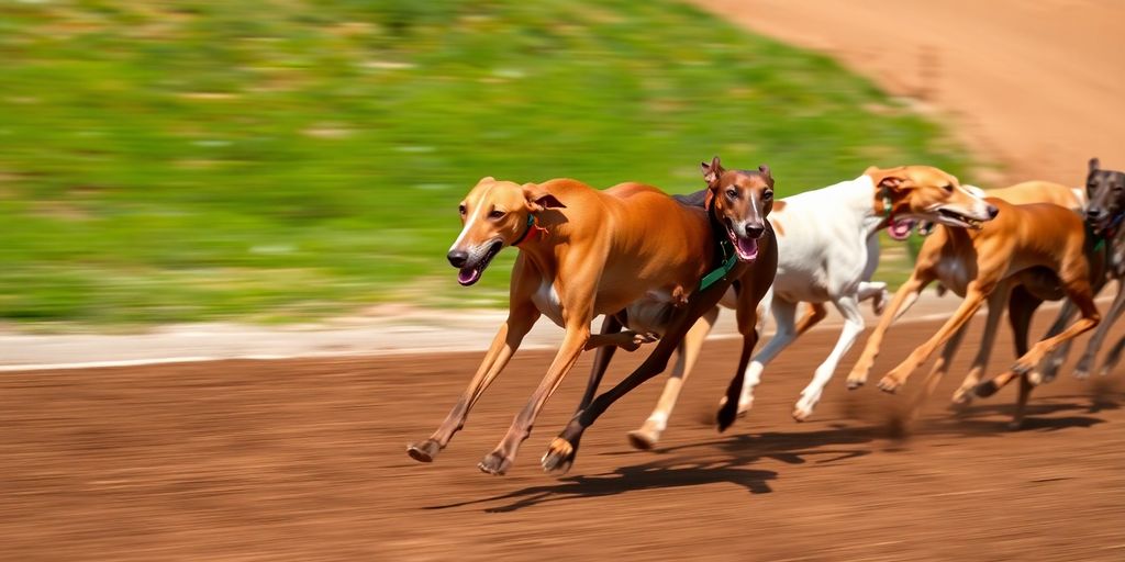 Greyhound racing dogs on track, blurred speed.