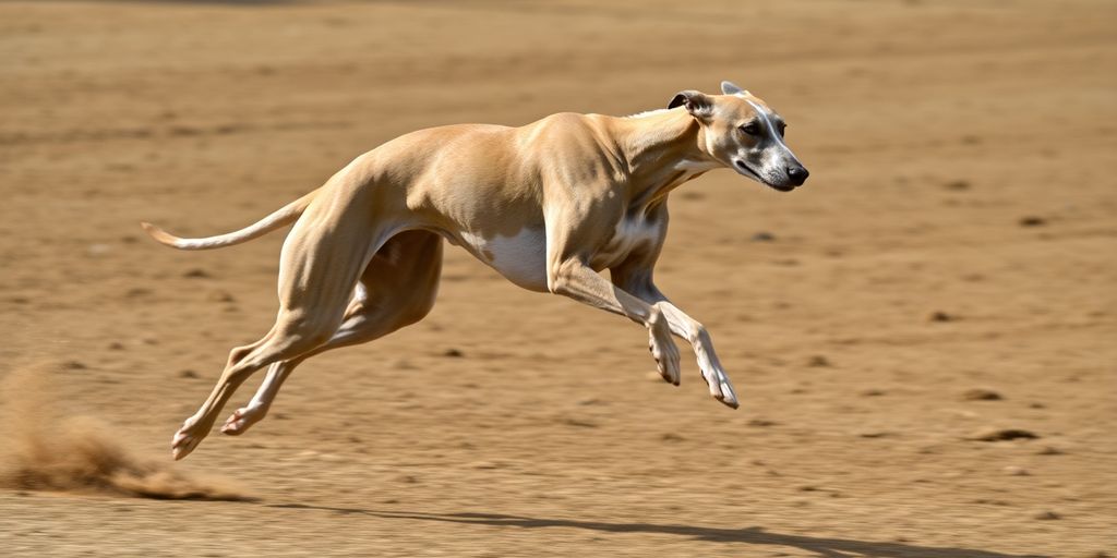 Greyhound dog racing on dirt track, blurred background.