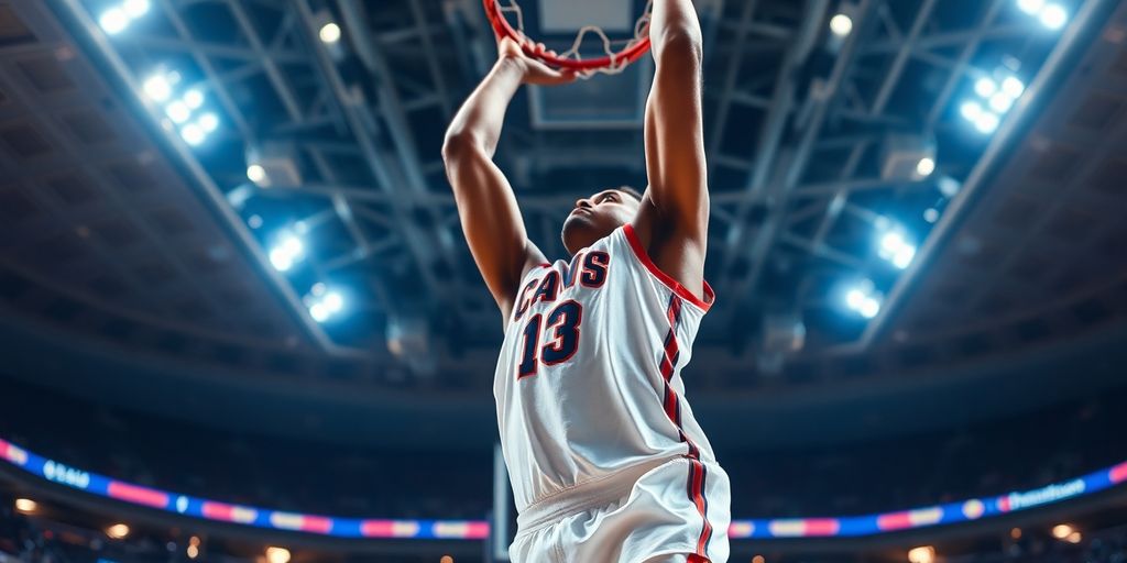 Basketball player mid-dunk, vibrant court, bright arena lights.