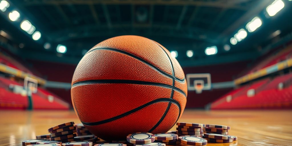 Basketball, betting chips, vibrant court, bright stadium lights.