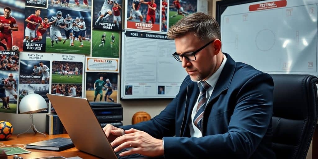 Football manager analyzing player stats with memorabilia background.