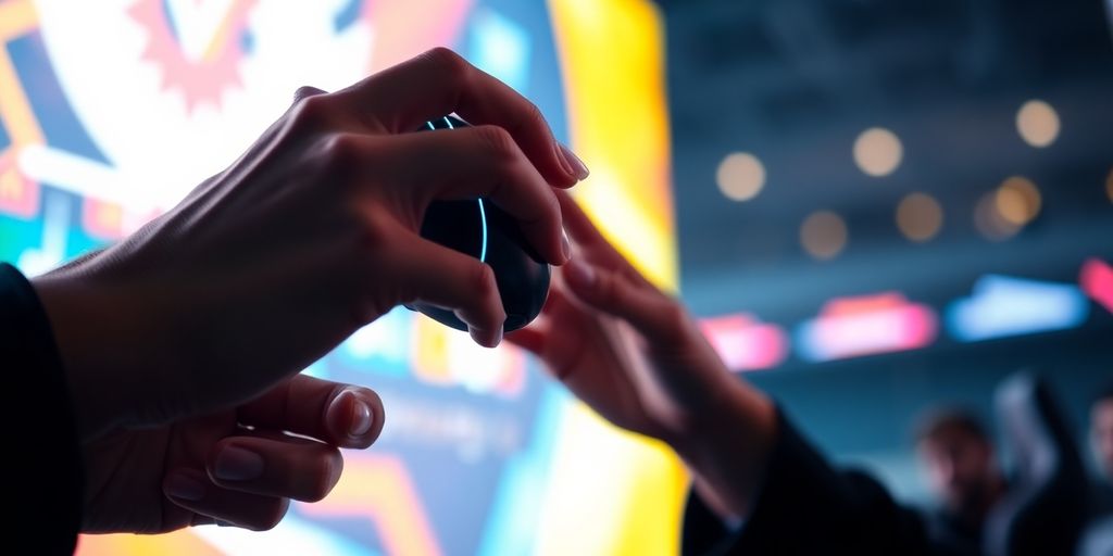 Close-up of hands on gaming mouse near vibrant digital screen.