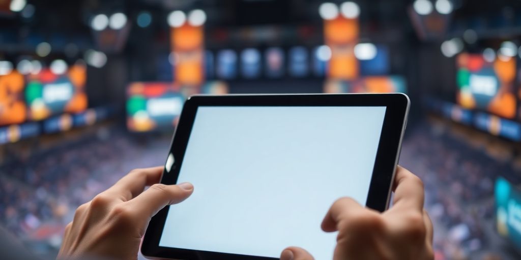 Hands holding a device, subtle esports game action in background.