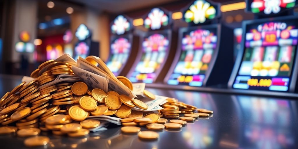 Golden coins and banknotes overflowing on a sleek casino table.
