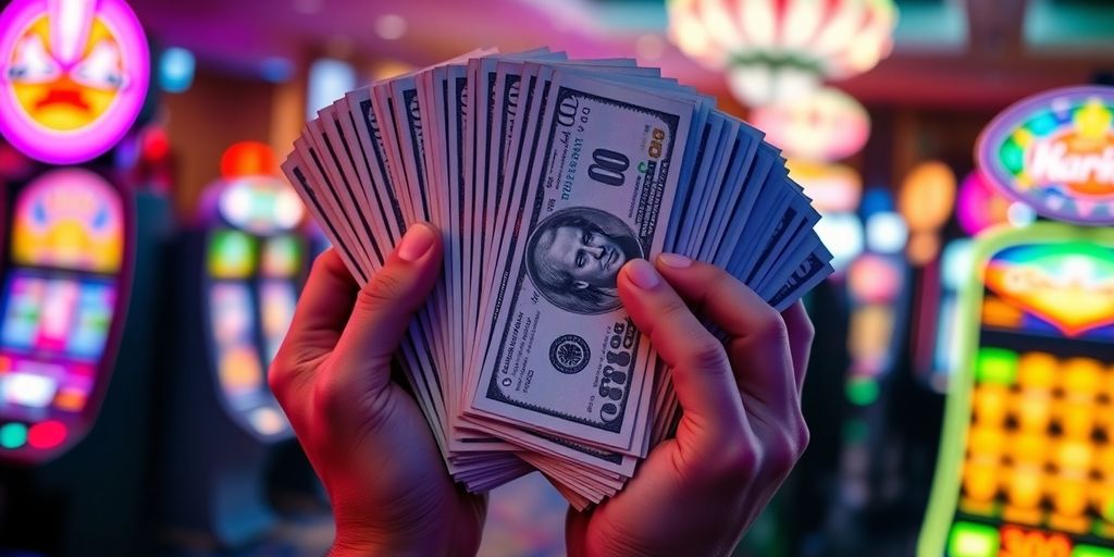 Hands holding fanned hundred-dollar bills in a vibrant casino.