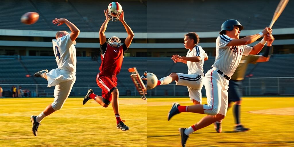 Football, basketball, soccer, and baseball action.