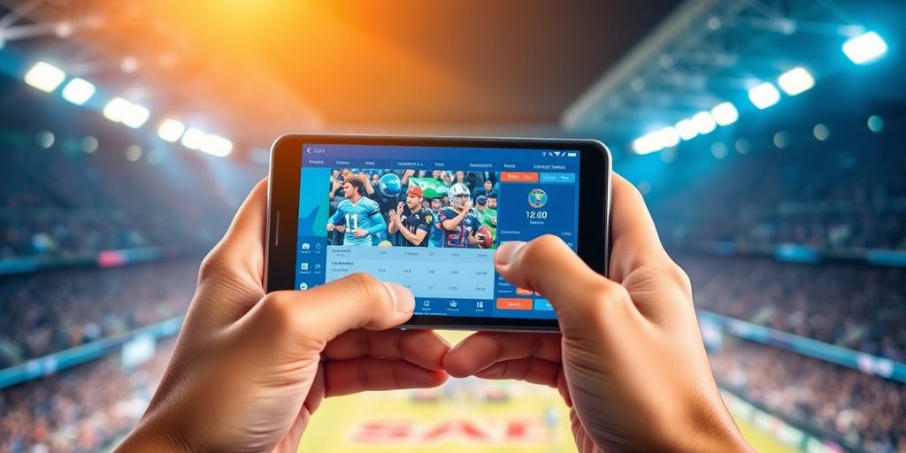 Sleek smartphone, vibrant sports interface, blurred stadium background.