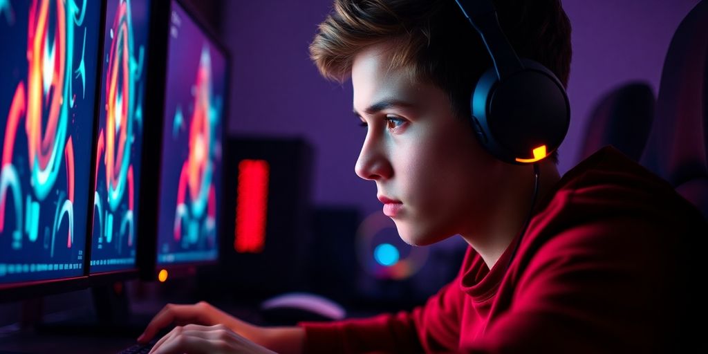 Gamer with intense focus, surrounded by bright screens.