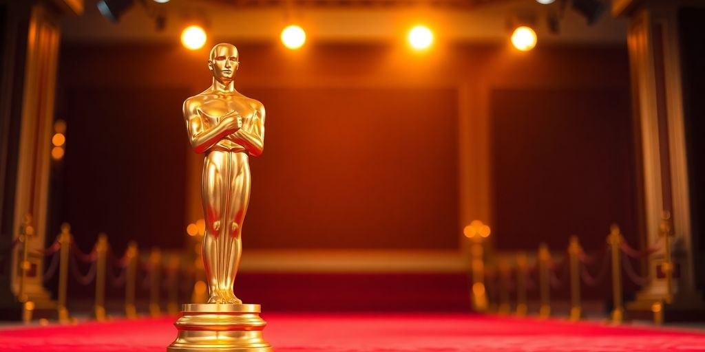 Golden statue on a red carpet with bright lights.