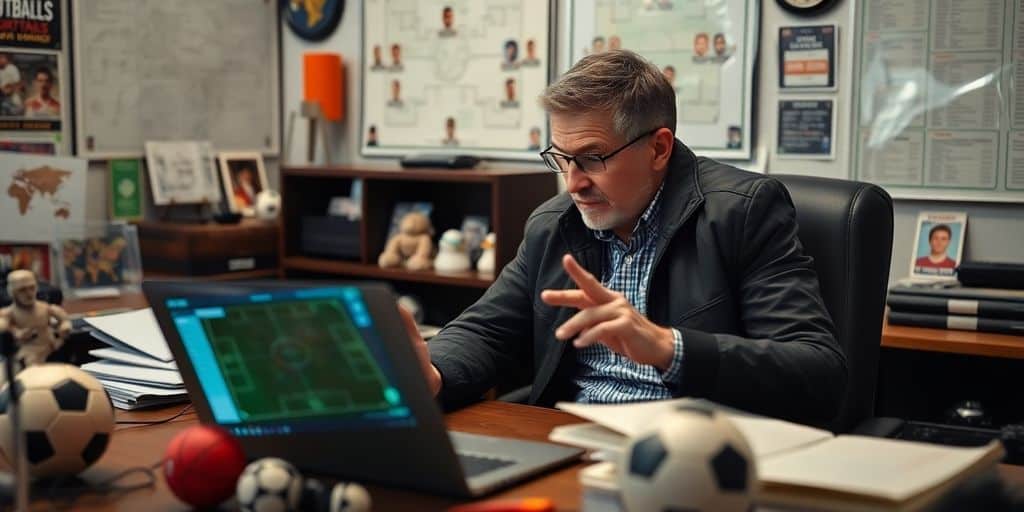 Football manager analyzing stats with laptop and strategy boards.