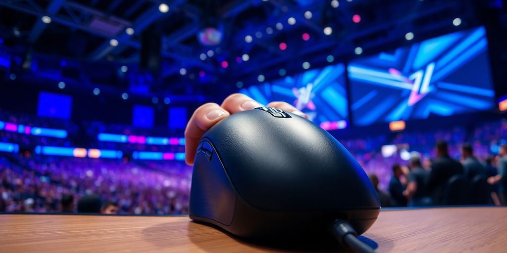 Gamer's hand on mouse, glowing esports arena background.