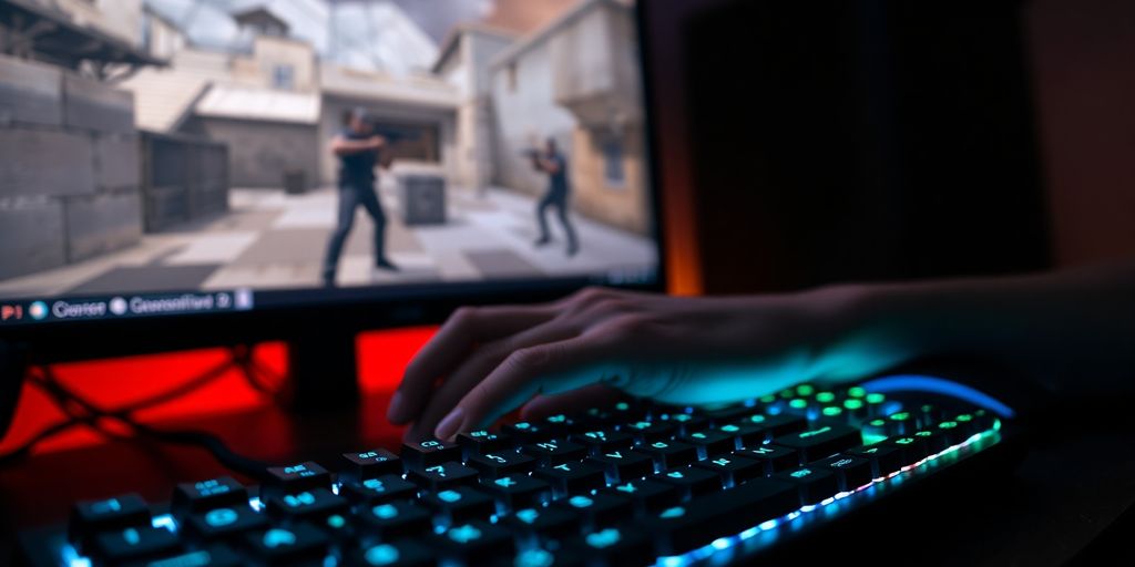 Gamer at computer, hands on keyboard, focused on screen.