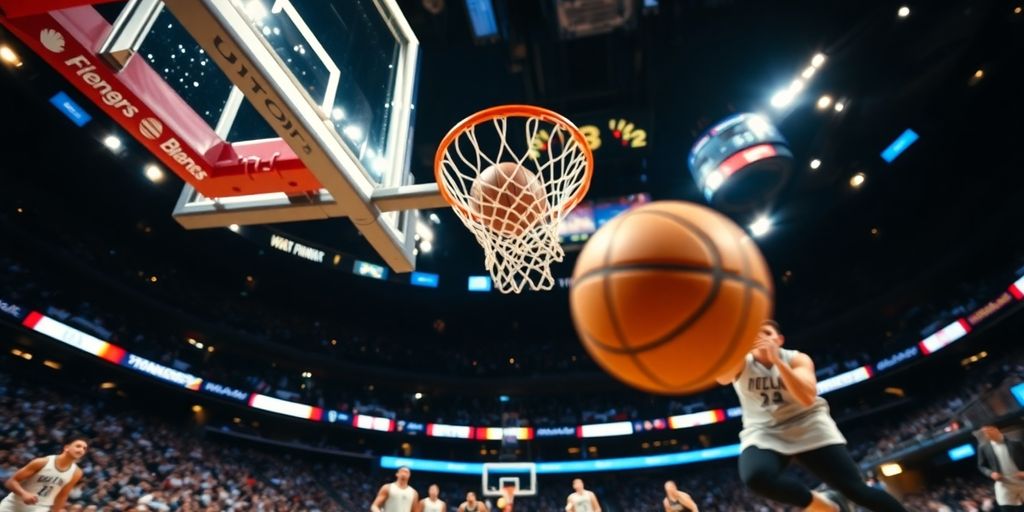 Basketball court, ball, hoop, scoreboard, blurred dynamic game.